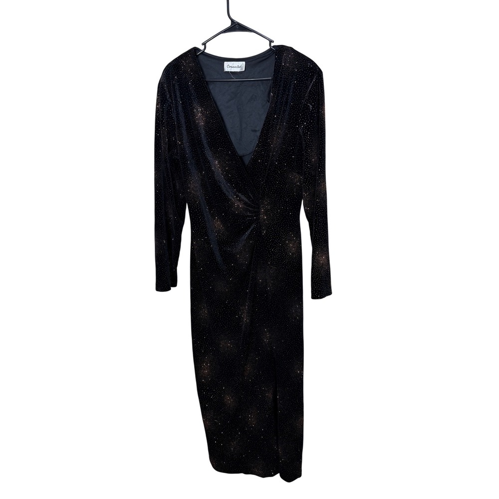 Connected Apparel Black Velvet Glitter Stardust Maxi Dress Long Sleeve M/L